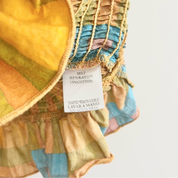 Andree by Unit Marley Mock Neck Smocked Top Plaid Pattern Yellow Blue Cropped M - Picture 9 of 13